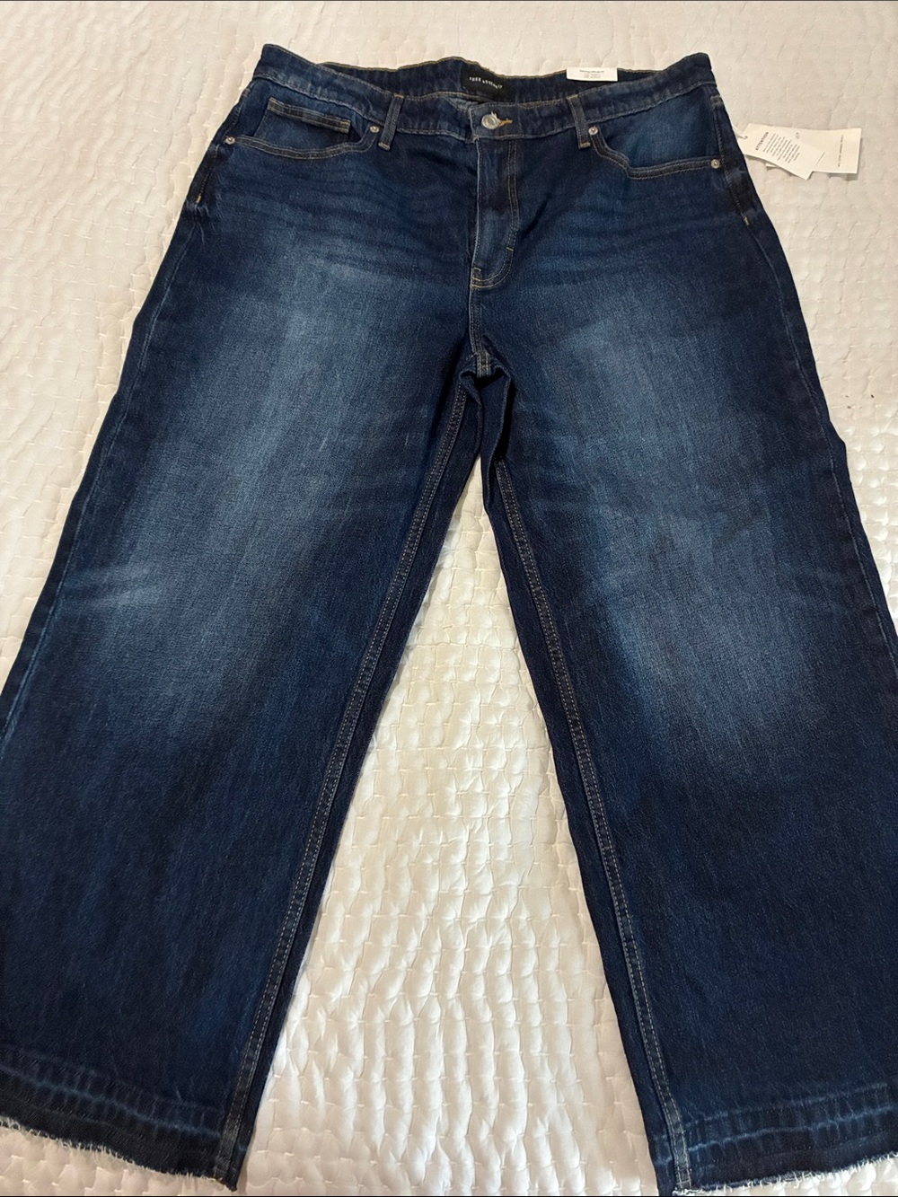 Wide Leg Dark Blue Jeans - High-Rise Denim Raw hem Size 16 NWT